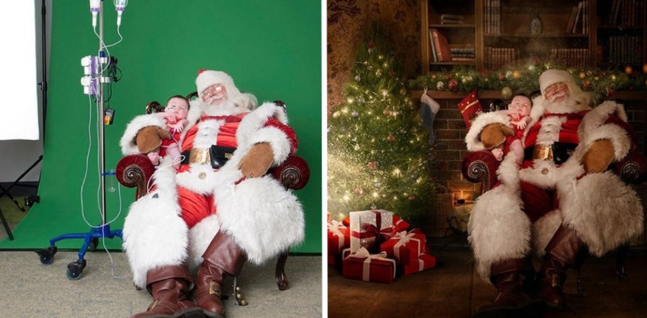 Fotógrafos fazem montagens de fotos de crianças em hospitais com o Papai Noel